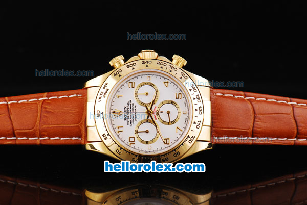 Rolex Daytona Oyster Perpetual Swiss Valjoux 7750 Automatic Movement Gold Case with White Dial-Gold Number Markers and Brown Leather Strap - Click Image to Close